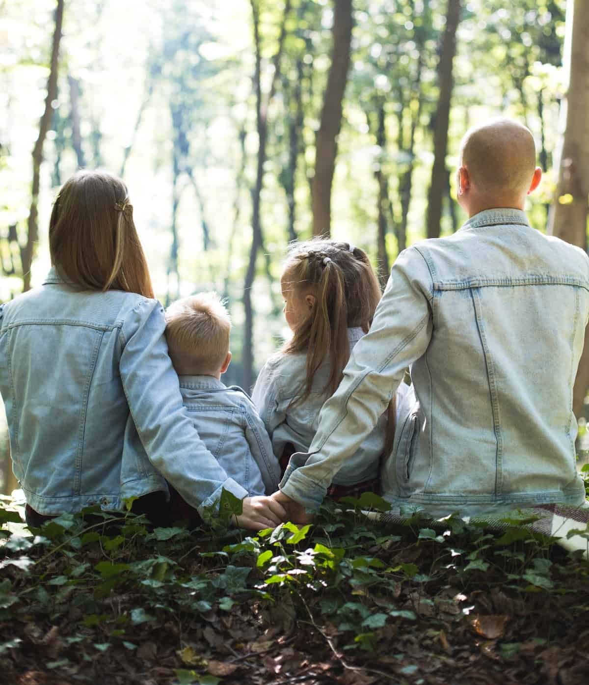 A family sitting on a fallen tree with backs to the camera.