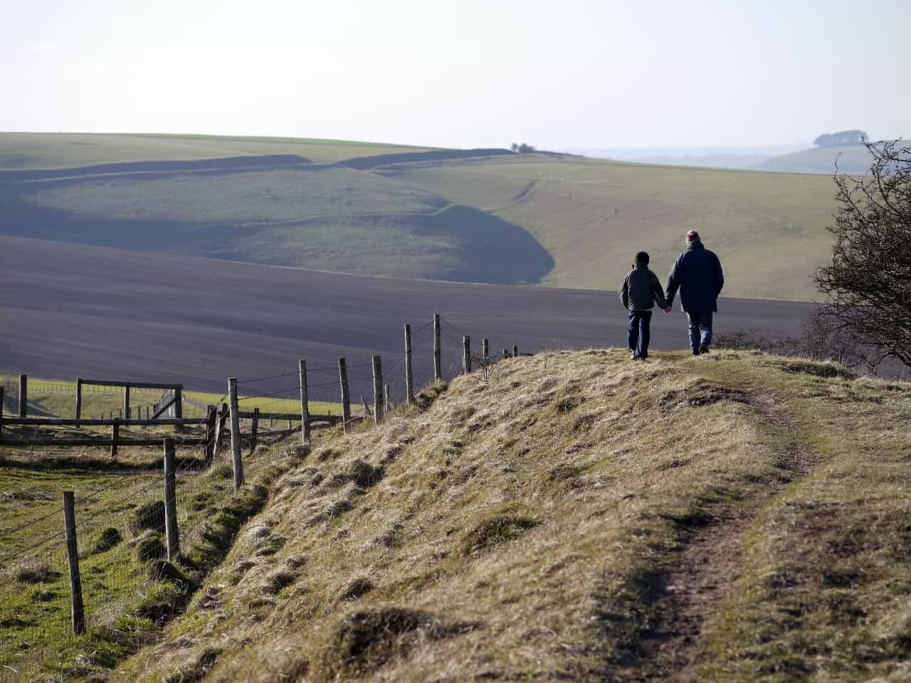A father and son walking down a path holding hands.