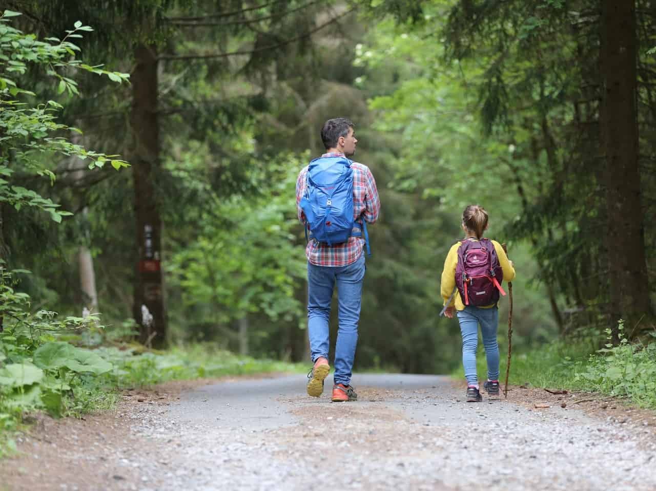 Father and daughter hiking on a trail in the woods.