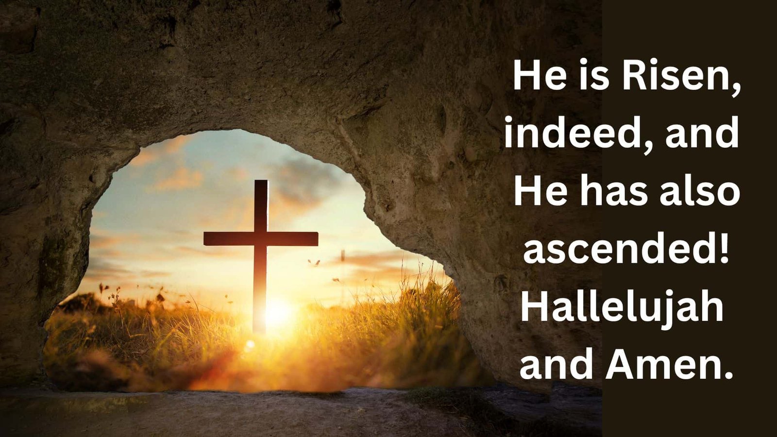 cross viewed from an open tomb with the words, "He is Risen, indeed, and He has also ascended! Hallelujah and Amen"