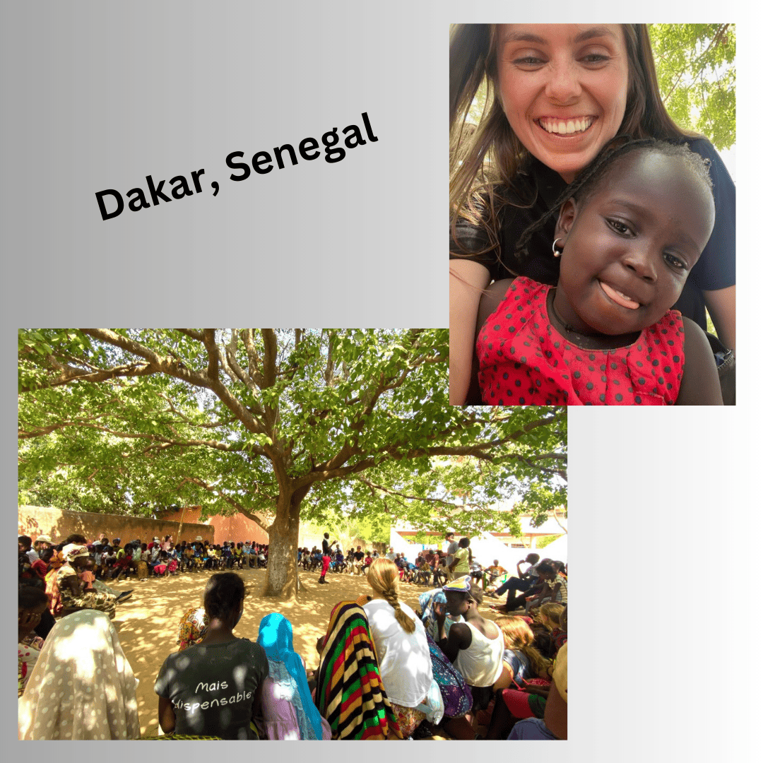 On the left there is a group of about 25 people in a circle around a large tree with a person speaking in the middle. Next to that is a closeup image of a young woman and a little girl