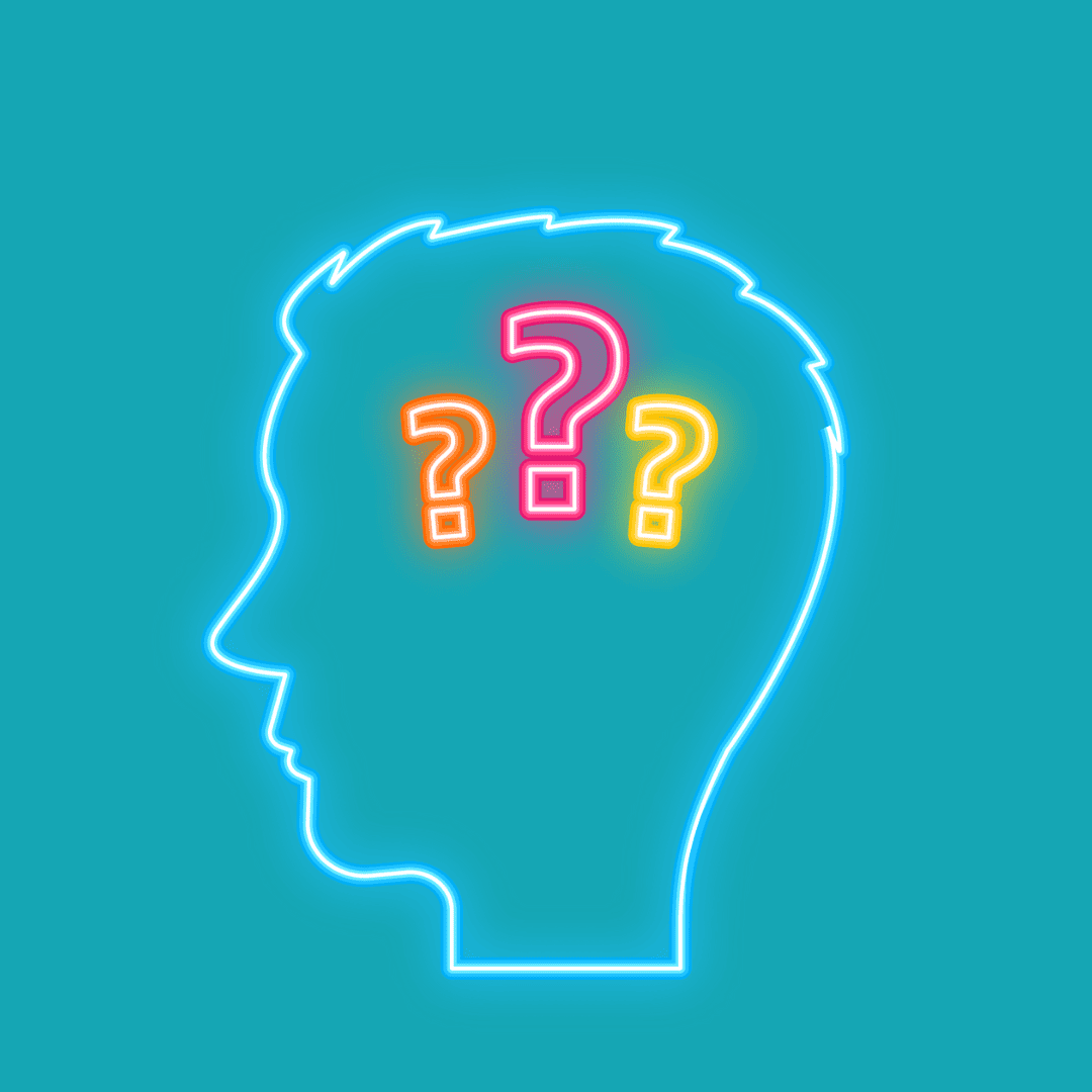 outline of a profile of a man's head with question marks inside